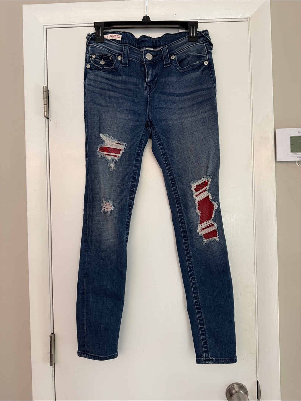 True Religion Dark Wash Skinny Jeans with Red Patch Accents